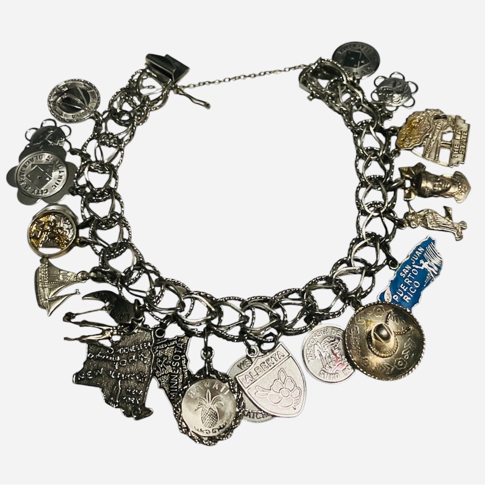 Vintage Sterling Silver Souvenir Travel Charm Bracelet